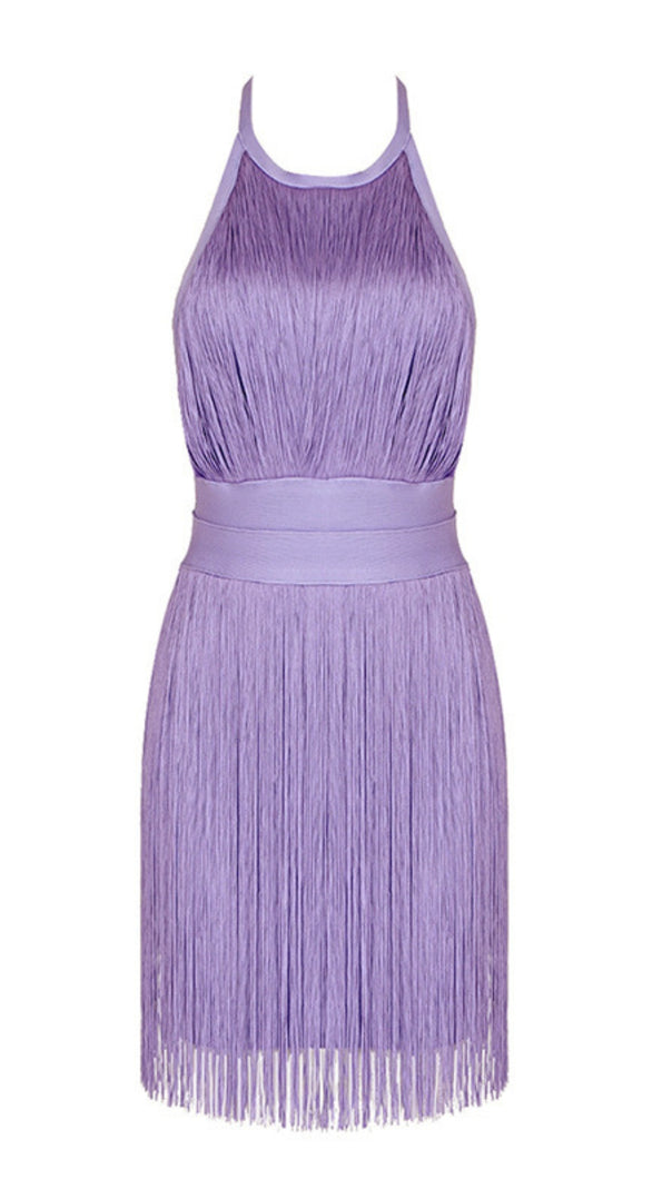AIIZIE HALTER NECK FRINGE TRIM BANDAGE MINI DRESS IN LAVENDER - product image