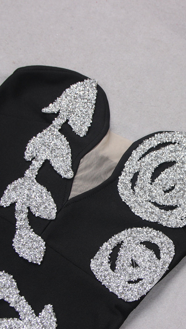 AIIZIE STRAPLESS SILVER - SEQUIN FLORAL - BIRD SLIT MAXI DRESS IN BLACK - product image