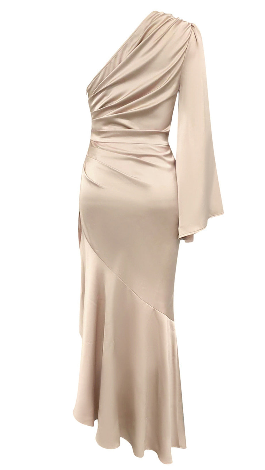 Asymmetrisches Midikleid aus Satin mit One-Shoulder-Träger und Rüschen in Nude