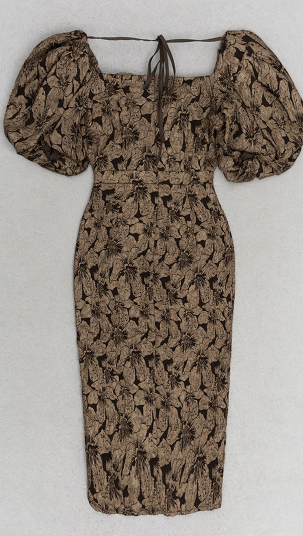 AIIZIE FLORAL - JACQUARD PUFF - SLEEVE SLIT MIDI DRESS IN BROWN - product image