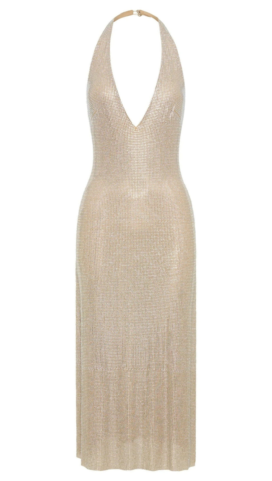 Abito midi con scollo all'americana e diamanti