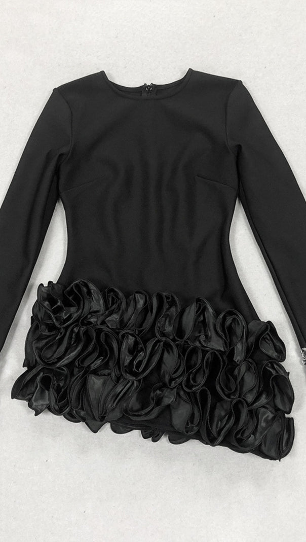 AIIZIE RHINESTONE - FEATHER RUFFLE - HEM LONG - SLEEVE MINI DRESS IN BLACK - product image