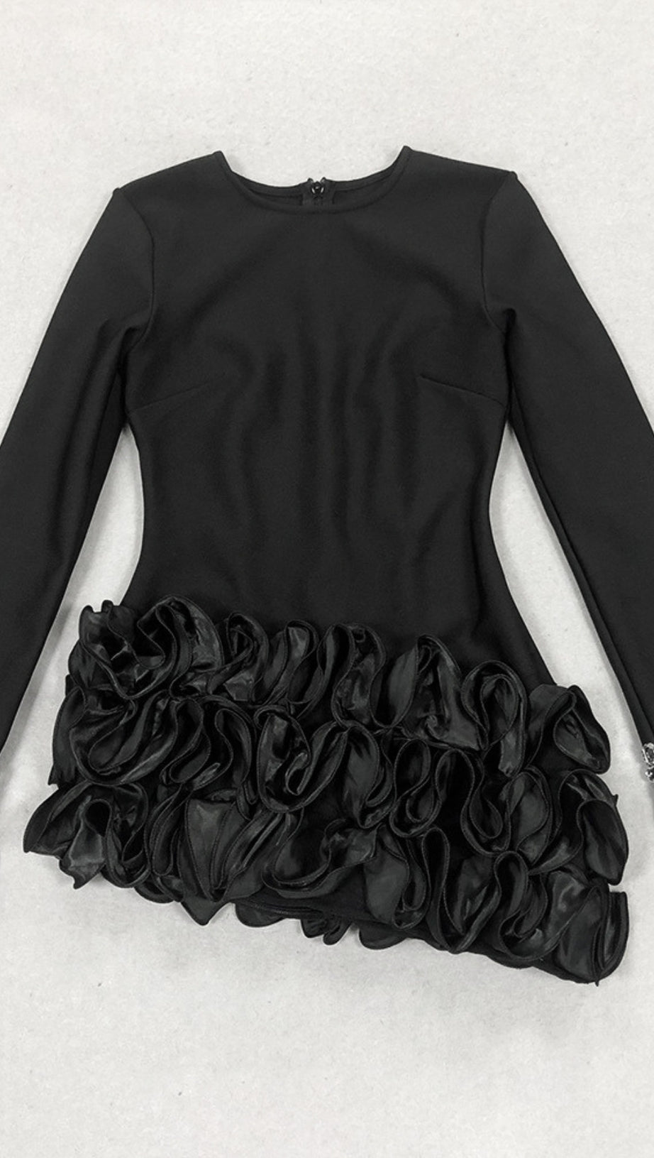 RHINESTONE - FEATHER RUFFLE - HEM LONG - SLEEVE MINI DRESS IN  BLACK