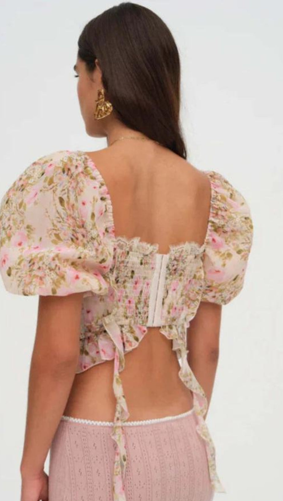 PINK TIE-DRAPE CHIFFON SHIRT WITH RUFFLED PUFF SLEEVES