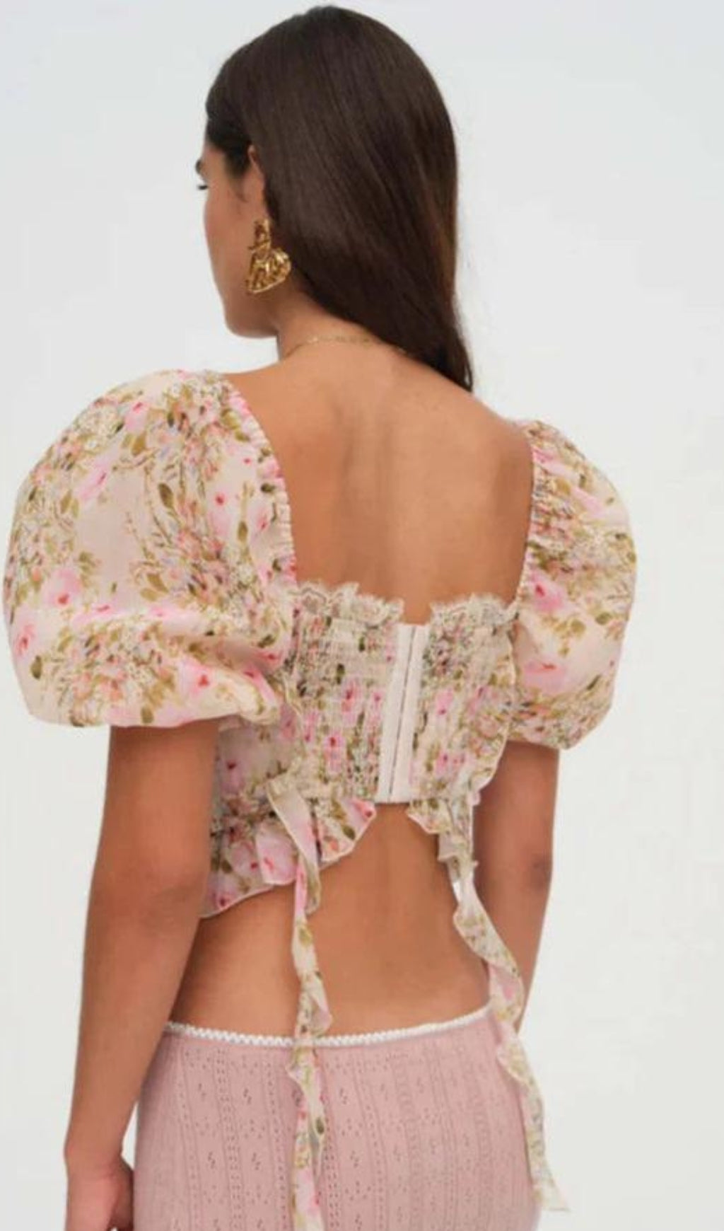 AIIZIE PINK TIE-DRAPE CHIFFON SHIRT WITH RUFFLED PUFF SLEEVES - product image