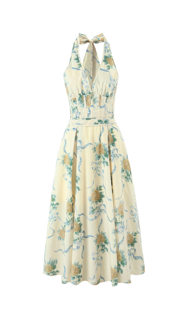 AIIZIE DEIRDRE FLORAL PRINT DEEP V NECK MIDI DRESS IN YELLOW - product image