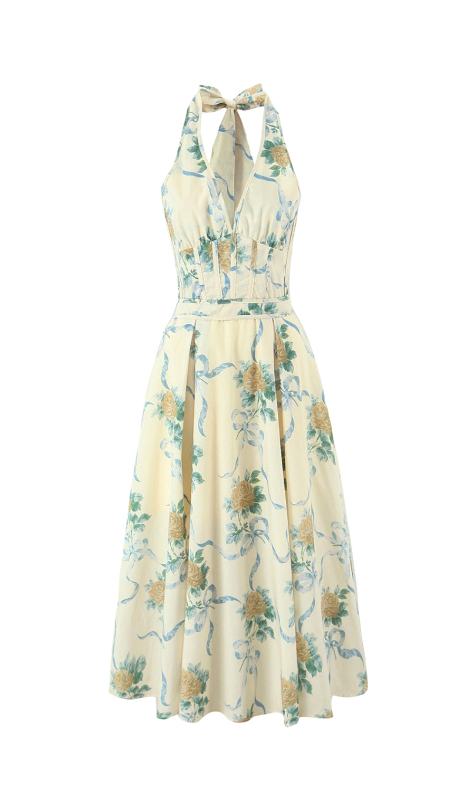 Deirdre – Gelbes Midikleid mit tiefem V-Ausschnitt und Blumenmuster