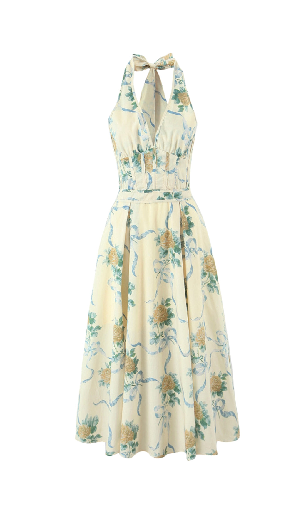 Deirdre – Gelbes Midikleid mit tiefem V-Ausschnitt und Blumenmuster