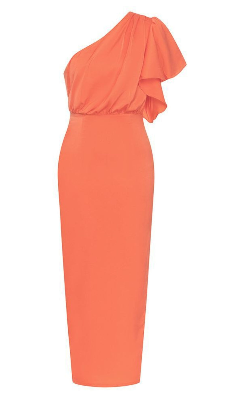ONE - SHOULDER RUFFLED MIDI DRESS IN ORANGE