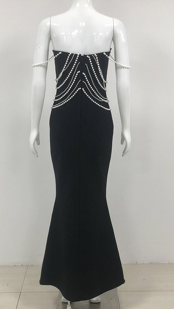 AIIZIE PEARL - CHAIN EMBELLISHED CUTOUT MERMAID GOWN IN BLACK - product image