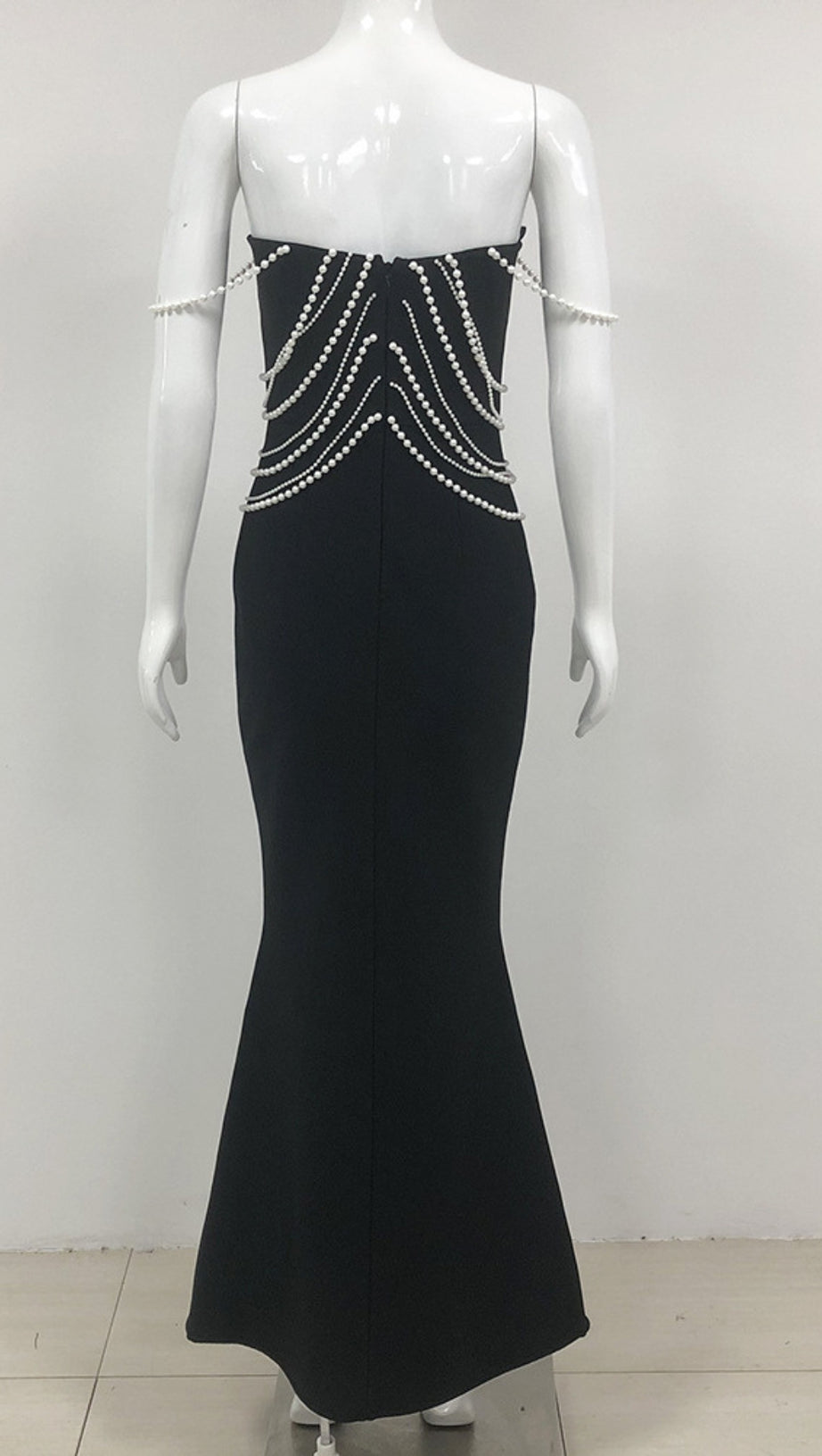 PEARL - CHAIN EMBELLISHED CUTOUT MERMAID GOWN IN BLACK