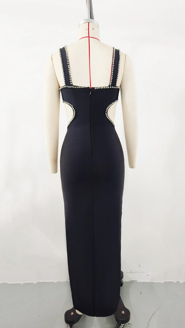 AIIZIE RHINESTONE - TRIMMED V - NECK SIDE - SLIT MAXI DRESS IN BLACK - product image