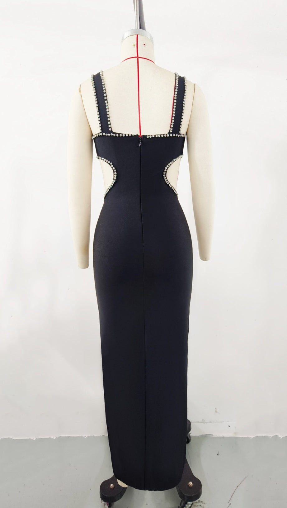 RHINESTONE - TRIMMED V - NECK SIDE - SLIT MAXI DRESS IN BLACK