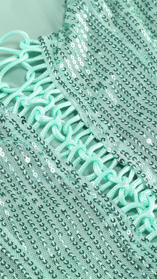 ABITO LUNGO CON SPACCO DRAPPEGGIATO E PAILLETTES
