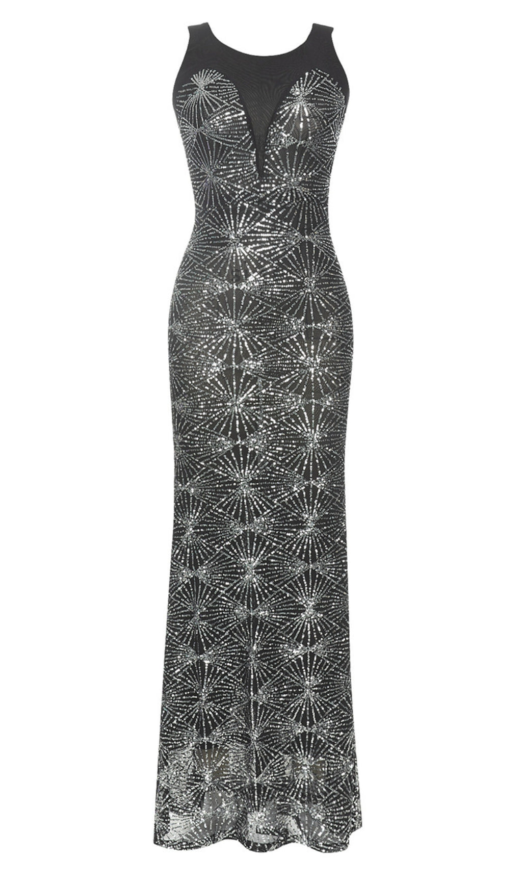 Abito lungo senza maniche decorato con paillettes in nero