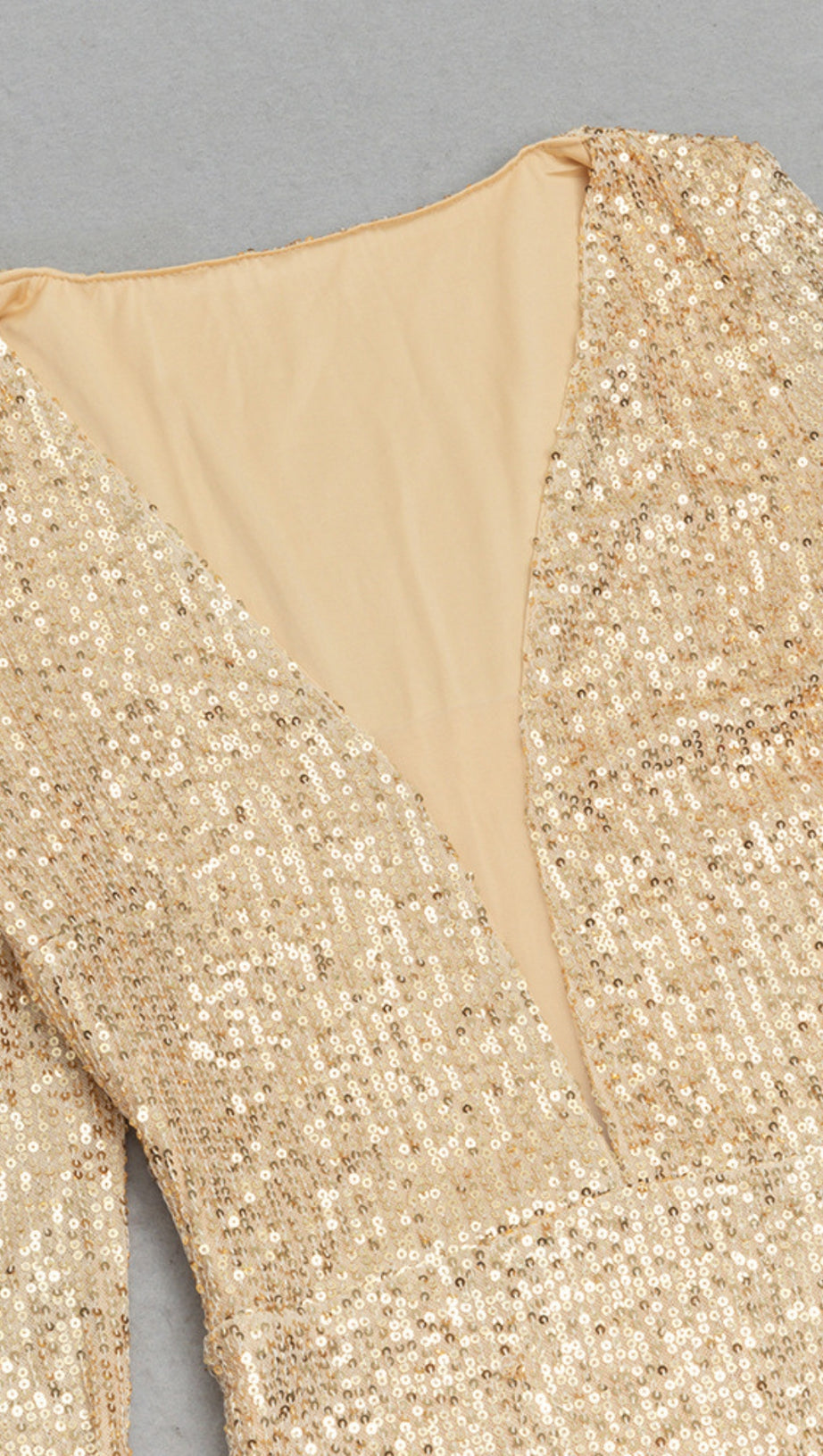 SEQUIN V - NECK LONG - SLEEVE ASYMMETRIC FRINGE DRESS IN GOLD