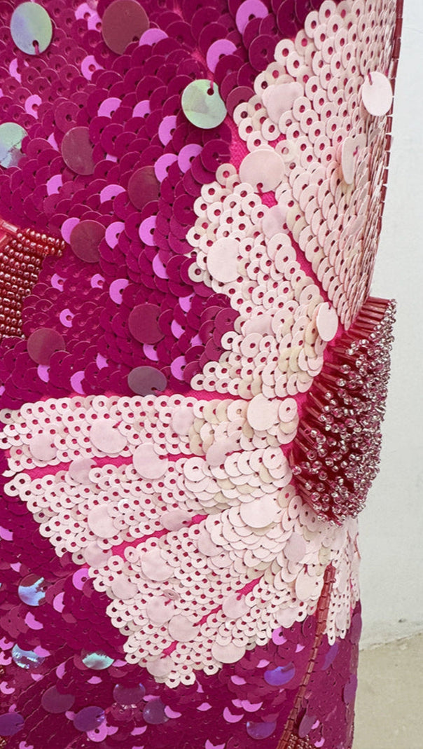 AIIZIE SEQUIN FLOWER EMBELLISHED PUFF SLEEVE MIDI DRESS IN PINK - product image