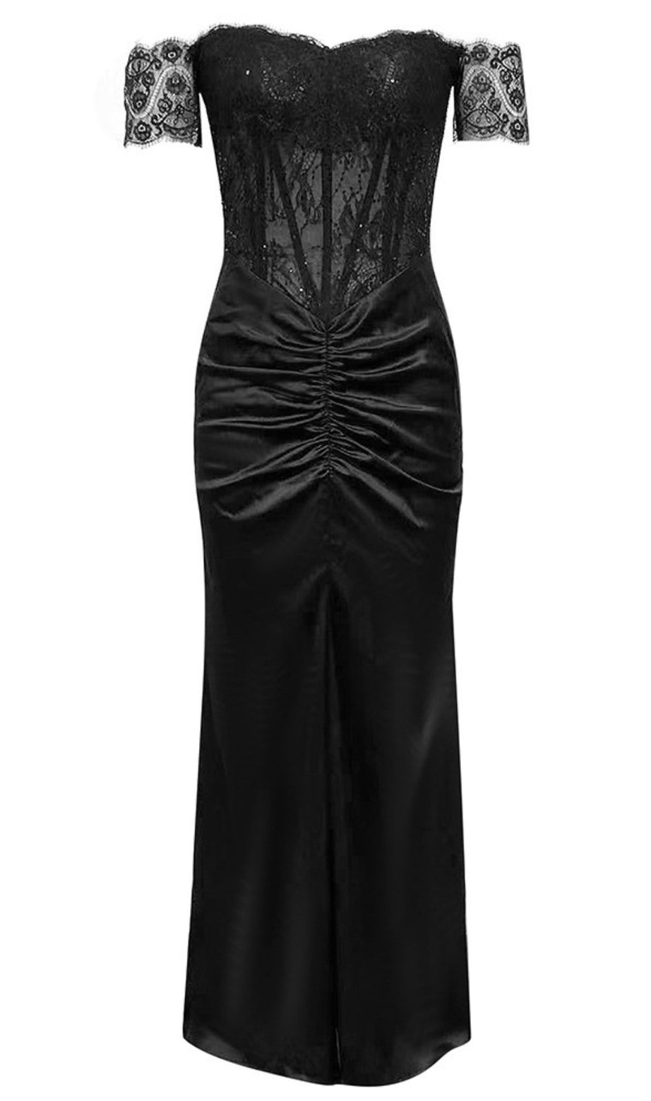 Schulterfreies Maxikleid aus Satin mit Spitze und Rüschen in Schwarz