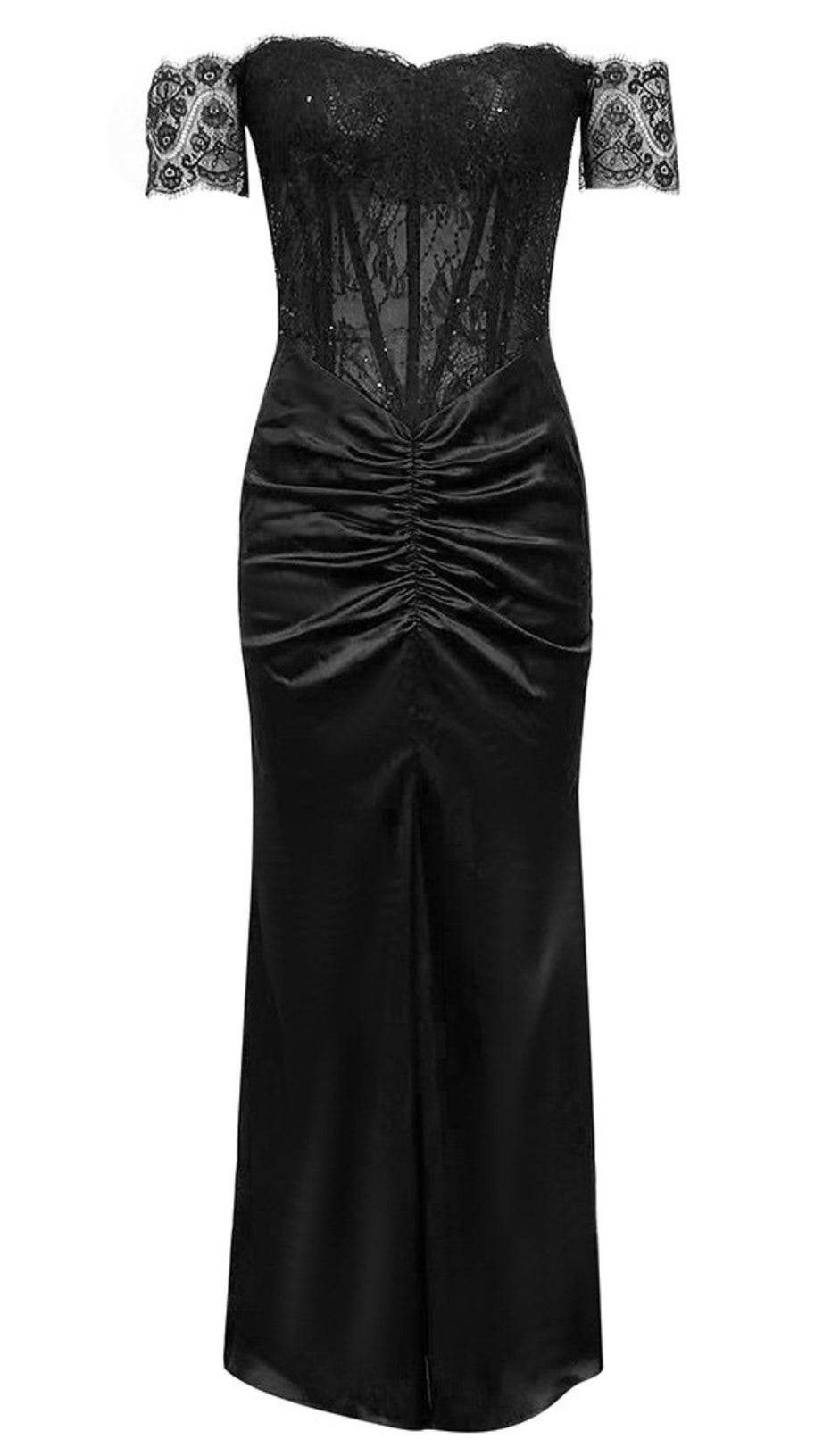 LACE OFF - SHOULDER RUCHED SATIN MAXI DRESS IN BLACK