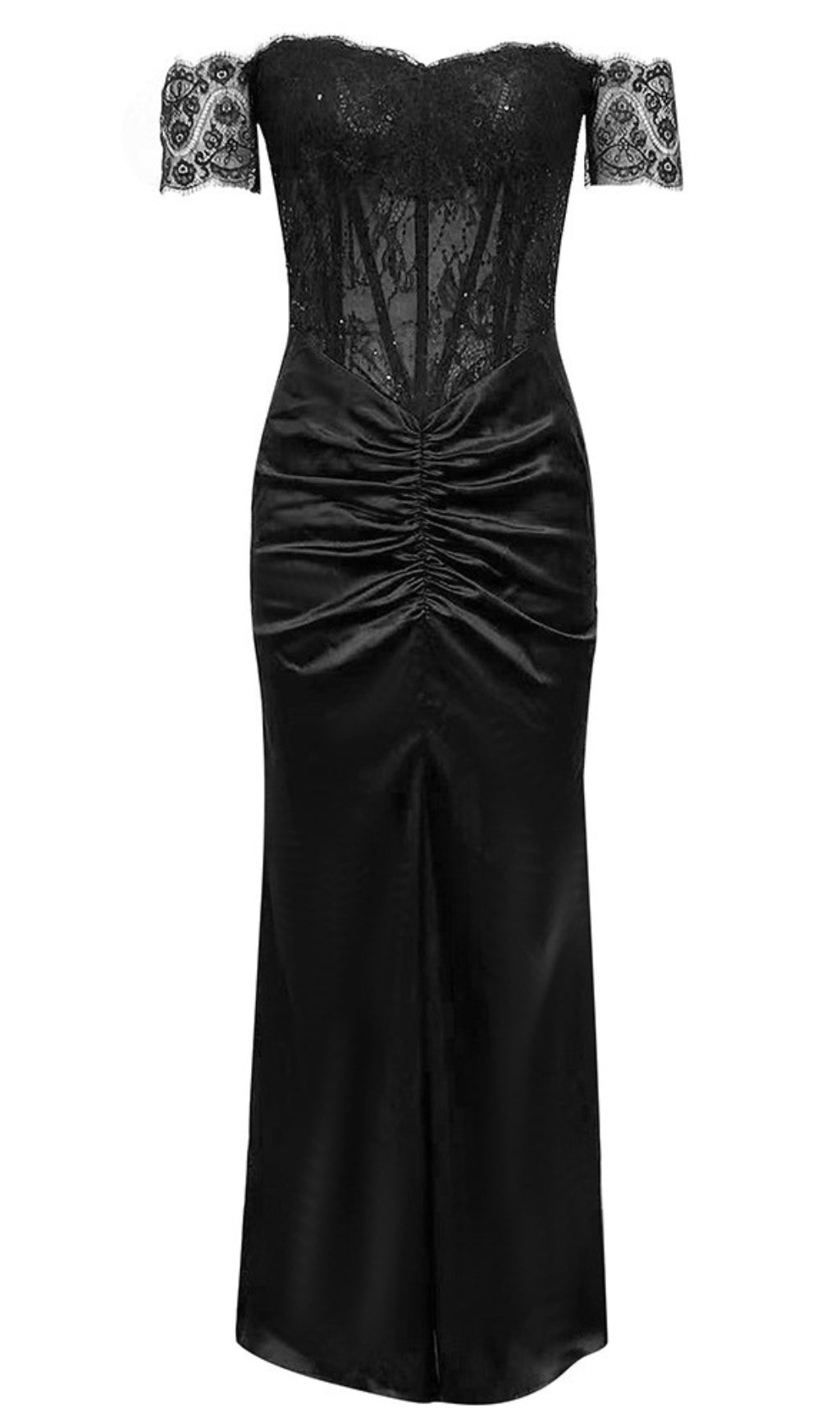 LACE OFF - SHOULDER RUCHED SATIN MAXI DRESS IN BLACK