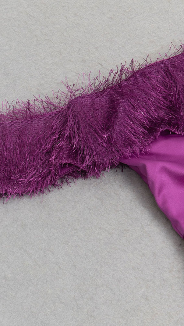 AIIZIE OFF - SHOULDER FEATHER - TRIMMED RUFFLED MIDI DRESS IN PURPLE - product image