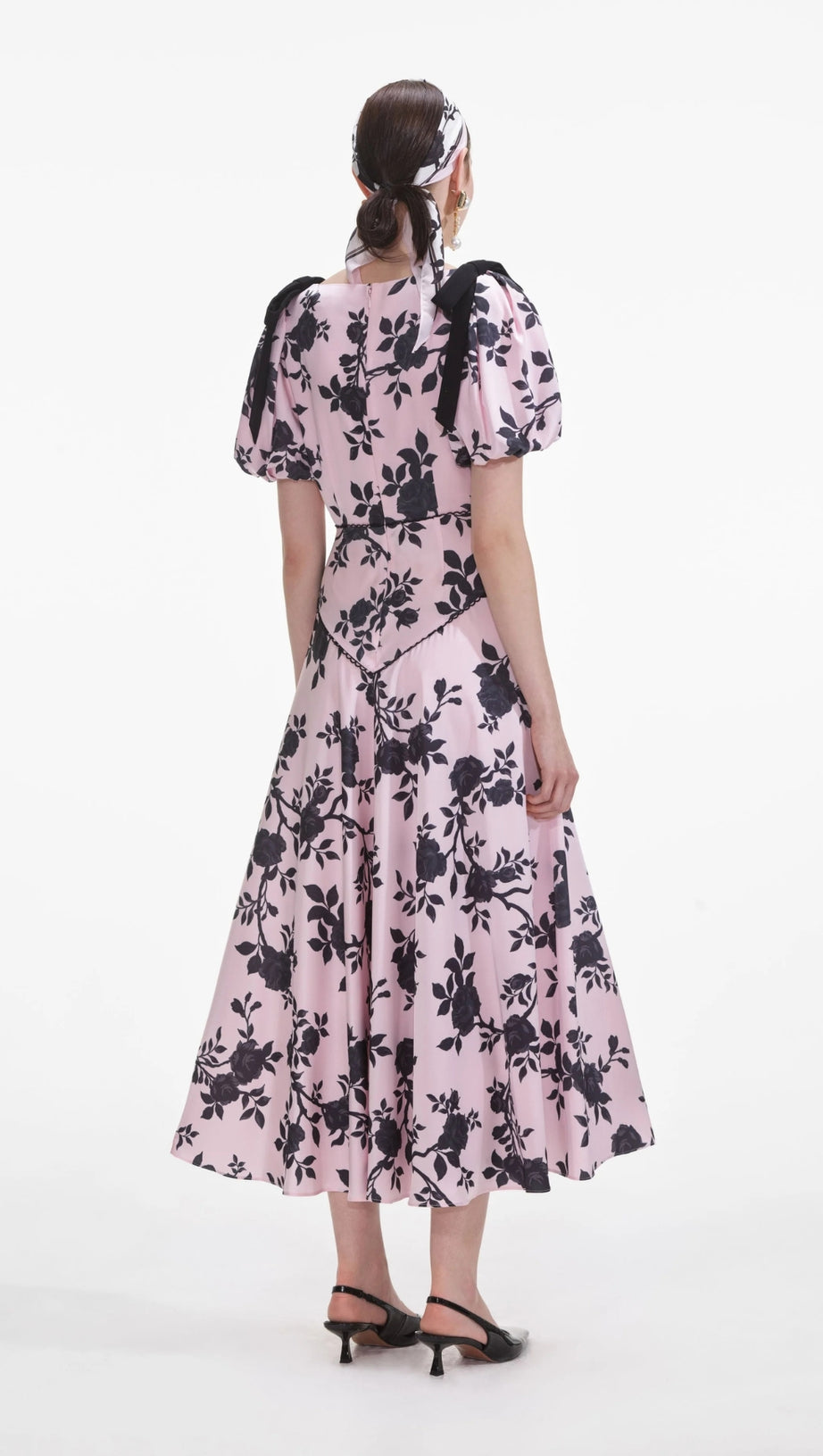 V-NECK SATIN FLORAL MIDI DRESS IN PINK