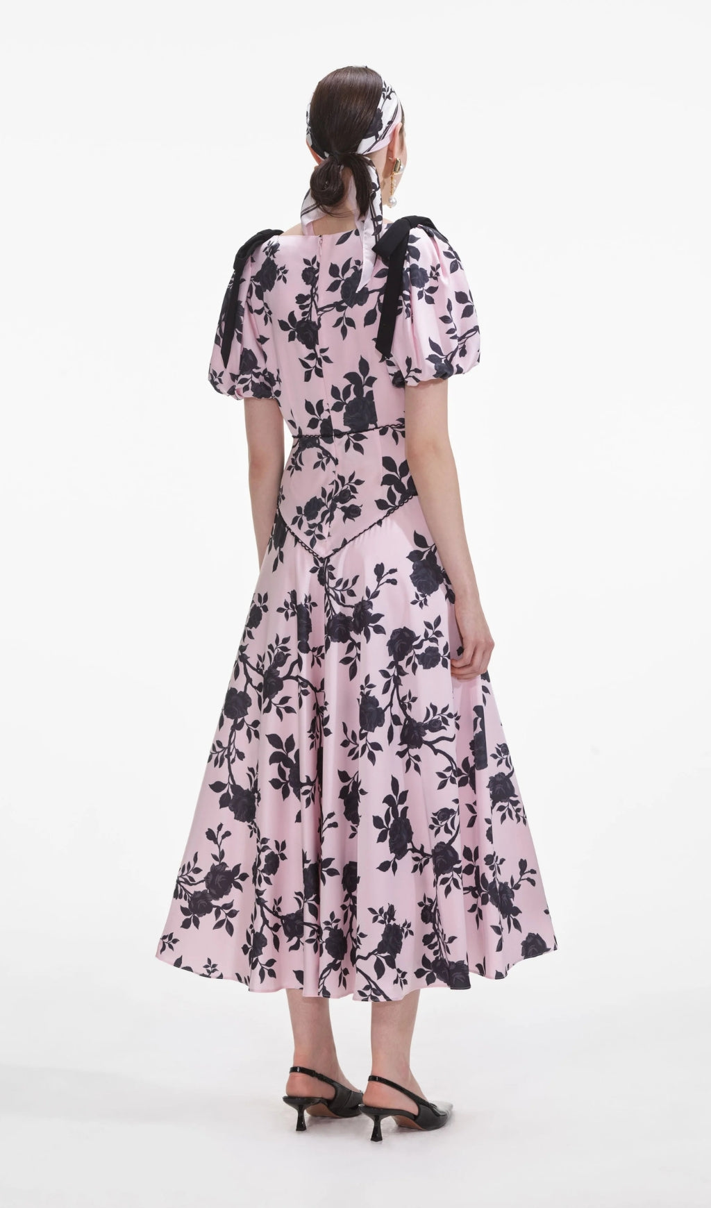 AIIZIE V-NECK SATIN FLORAL MIDI DRESS IN PINK - product image