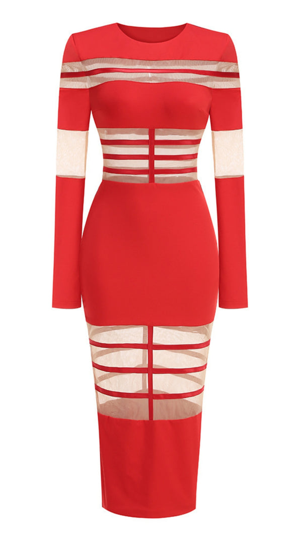 AIIZIE RED MESH - PANELED LONG - SLEEVE BODYCON MIDI DRESS - product image
