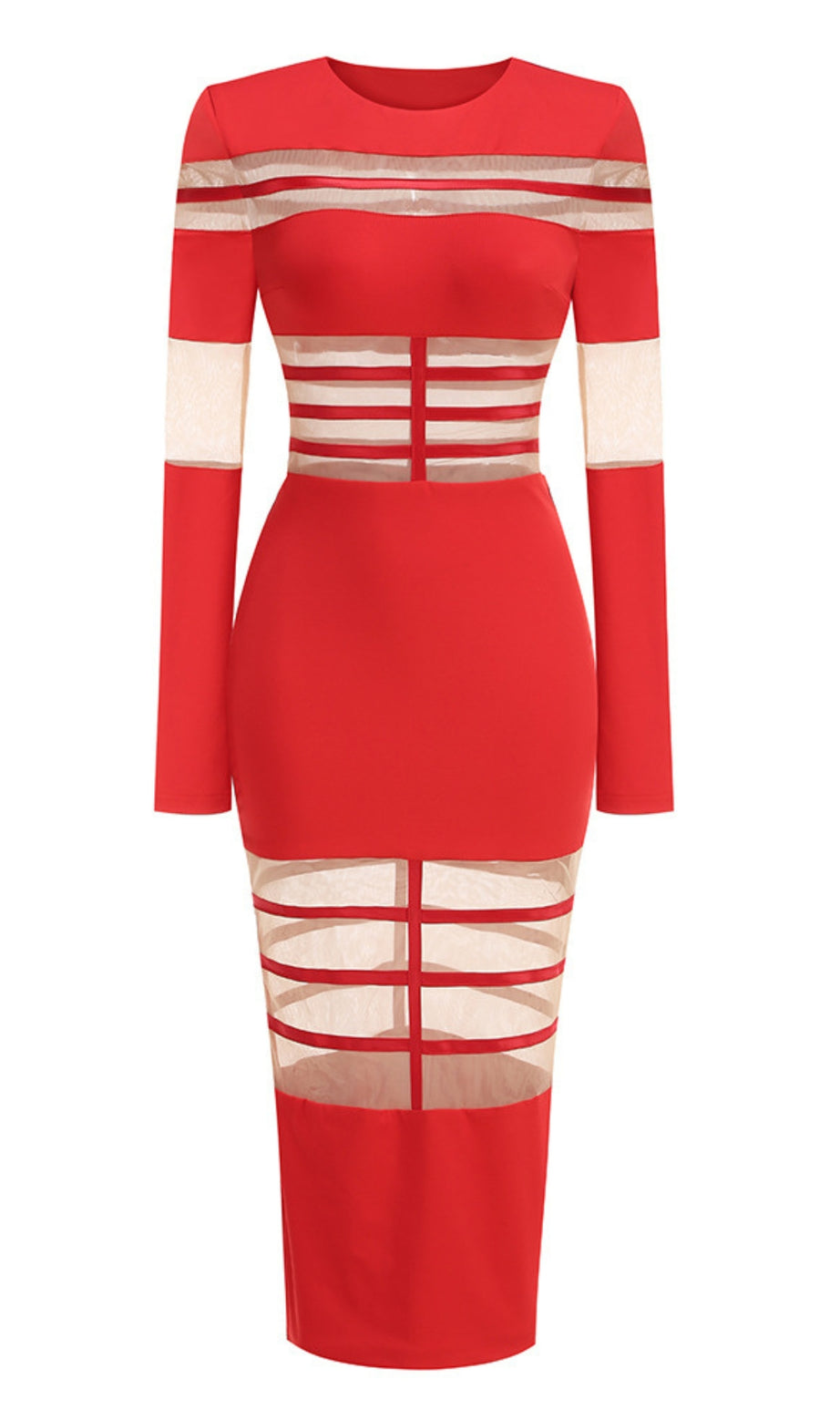 Red Mesh - Paneled Long - Sleeve Bodycon Midi Dress