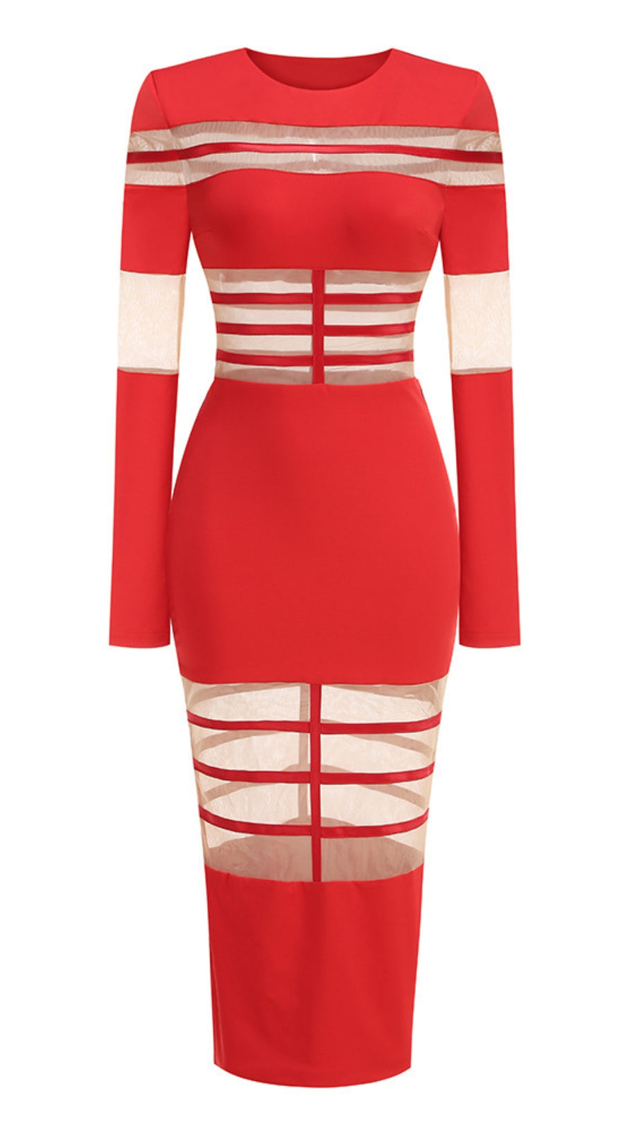 ABITO MIDI ADERENTE A MANICHE LUNGHE CON PANNELLI IN RETE ROSSA