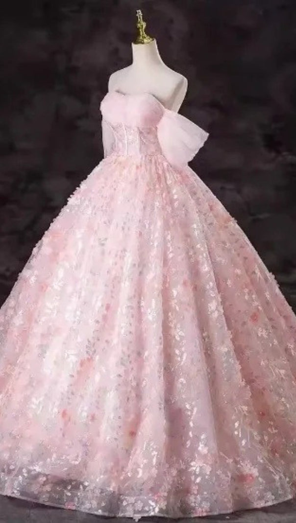 AIIZIE PINK OFF SHOULDER 3D FLOWER TULLE BALL GOWN PRINCESS MAXI DRESS - product image