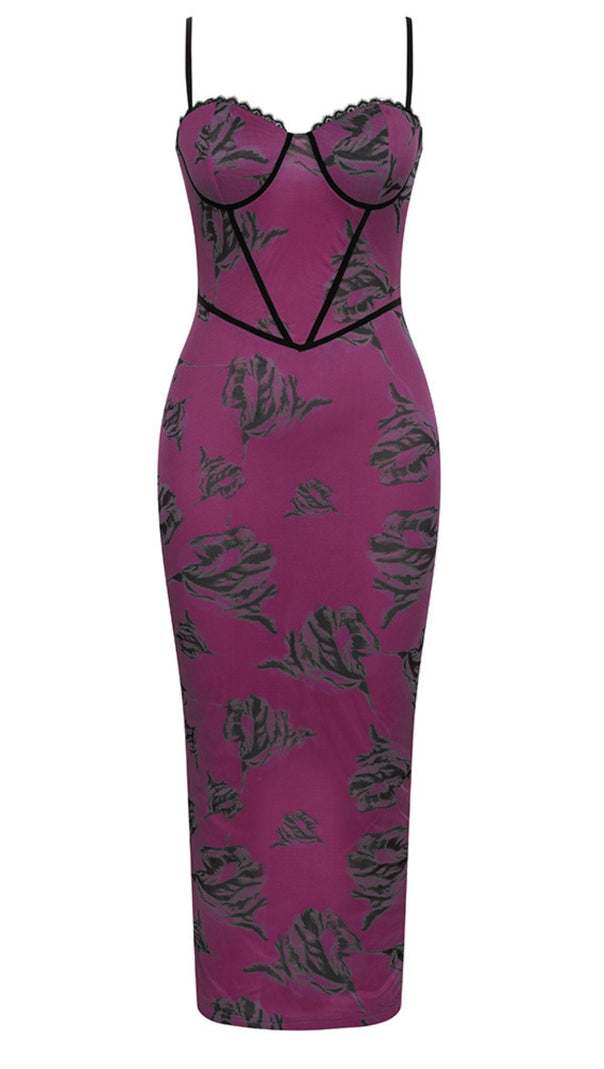 AIIZIE FLORAL PRINT CORSET - STYLE MIDI DRESS IN PURPLE - product image