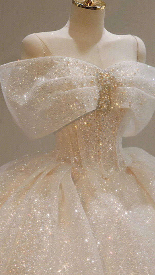 AIIZIE CHAMPAGNE SPARKLE TULLE BALL GOWN OFF SHOULDER BOW PRINCESS DRESS - product image