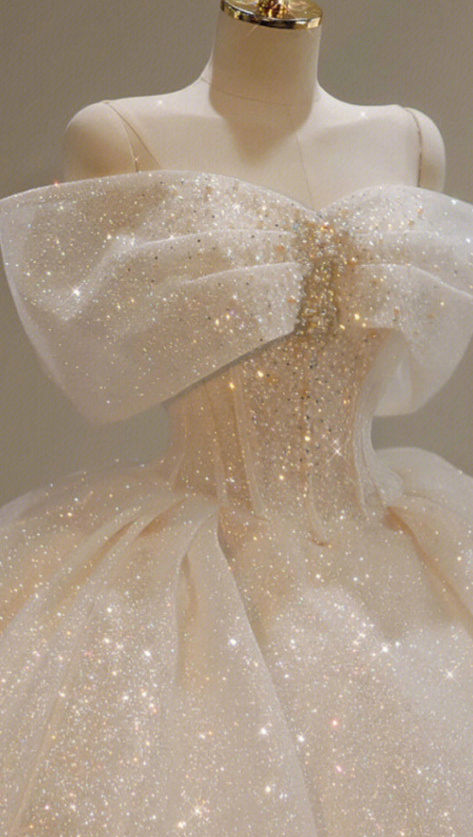 CHAMPAGNE SPARKLE TULLE BALL GOWN OFF SHOULDER BOW PRINCESS DRESS