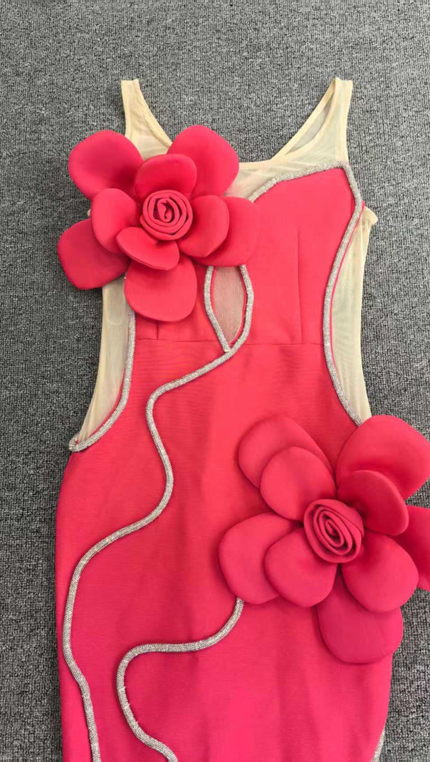 AIIZIE DIAMOND 3D FLOWER SEQUIN BANDAGE MAXI DRESS IN ROSE RED - product image