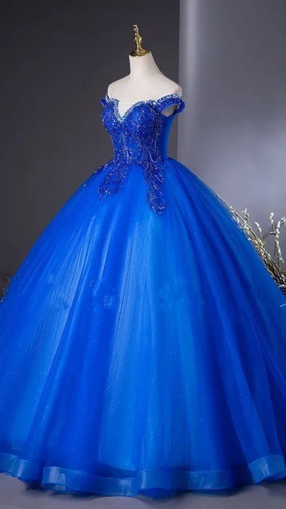 ROYAL BLUE BEADED CORSET BALL GOWN OFF SHOULDER PRINCESS