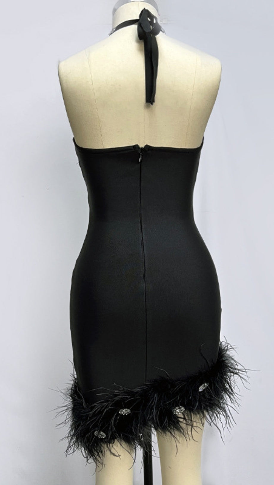 HALTER NECK RHINESTONE CUTOUT FEATHER TRIM MINI DRESS IN BLACK