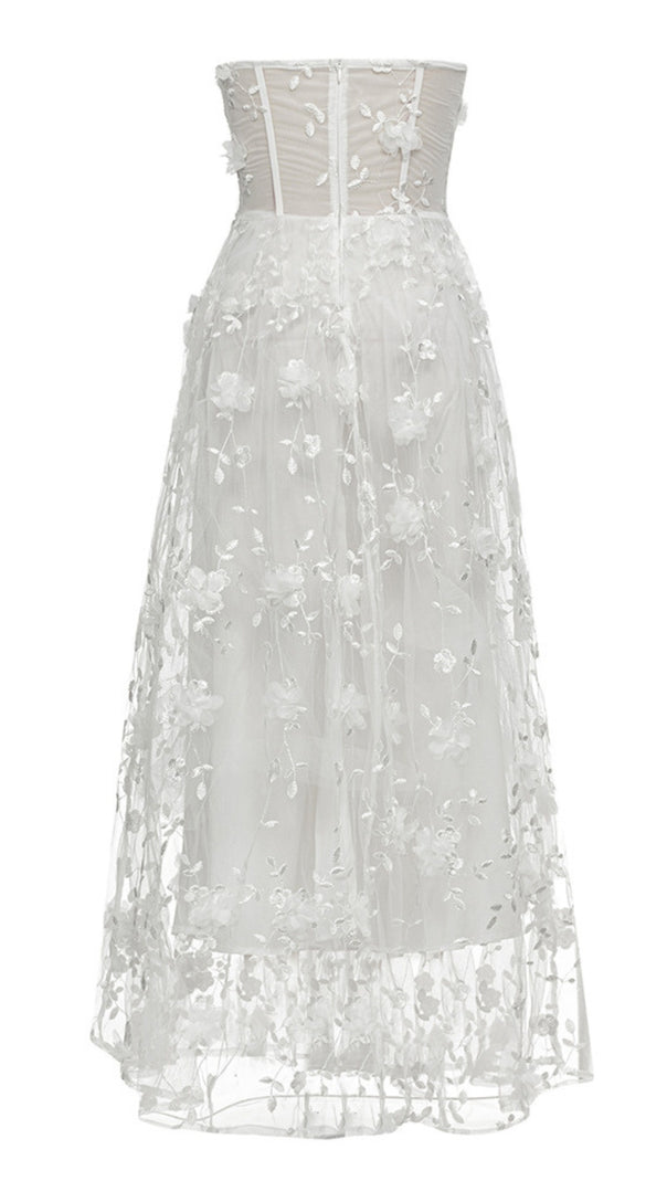 AIIZIE FLORAL - EMBROIDERED SHEER STRAPLESS MAXI DRESS IN WHITE - product image