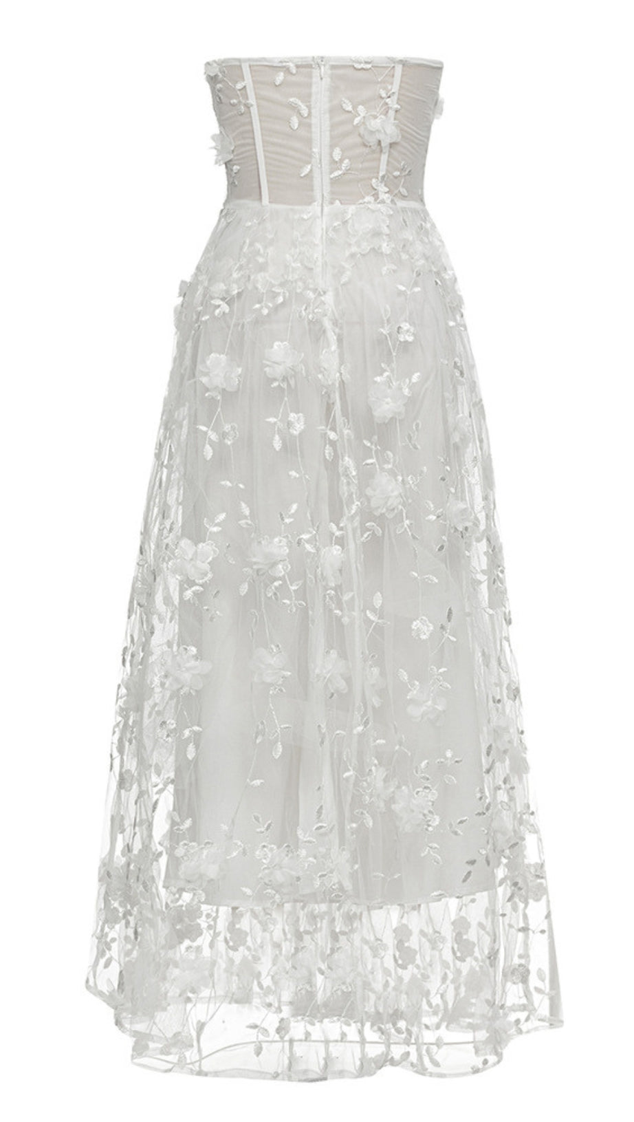 FLORAL - EMBROIDERED SHEER STRAPLESS MAXI DRESS IN WHITE