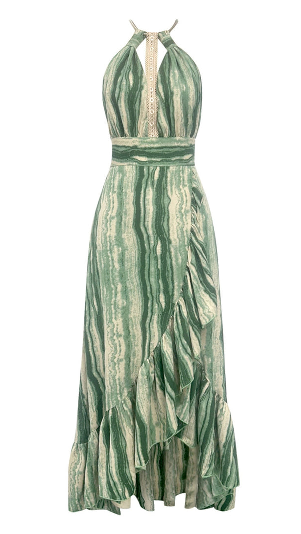 AIIZIE STRIPED HALTER NECK RUFFLE - HEM MAXI DRESS IN GREEN - product image