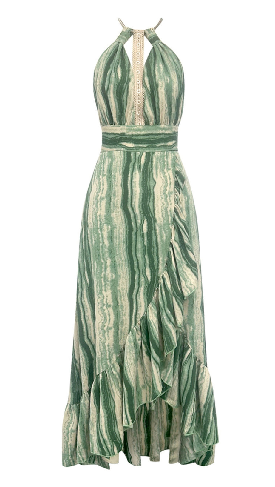 STRIPED HALTER NECK RUFFLE - HEM MAXI DRESS IN GREEN