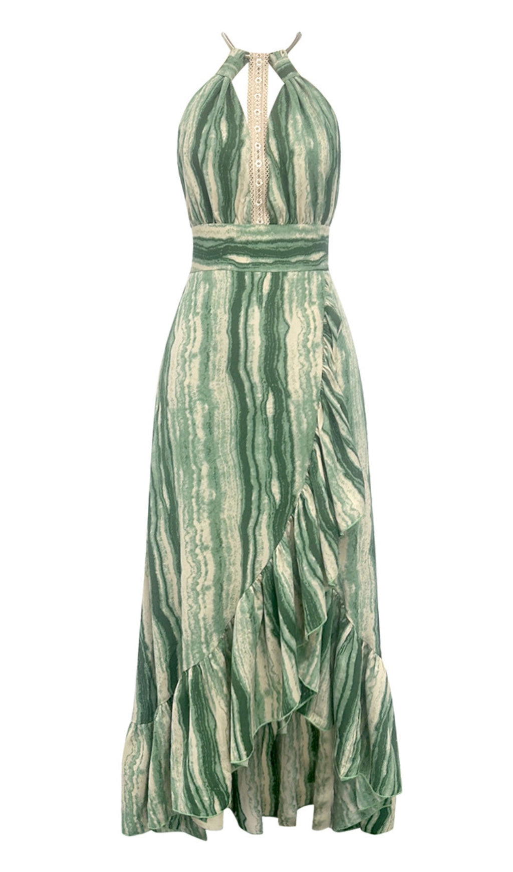 STRIPED HALTER NECK RUFFLE - HEM MAXI DRESS IN GREEN