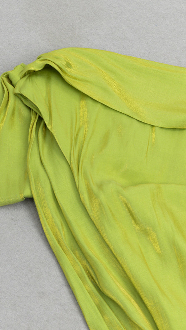 AIIZIE ONE - SHOULDER BOW - DETAIL RUCHED MIDI DRESS IN GREEN - product image