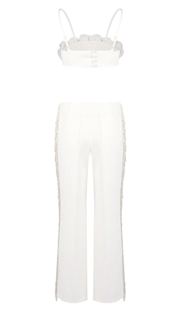 AIIZIE FLORAL CROP TOP FRINGE TRIMMED PANTS SET IN WHITE - product image
