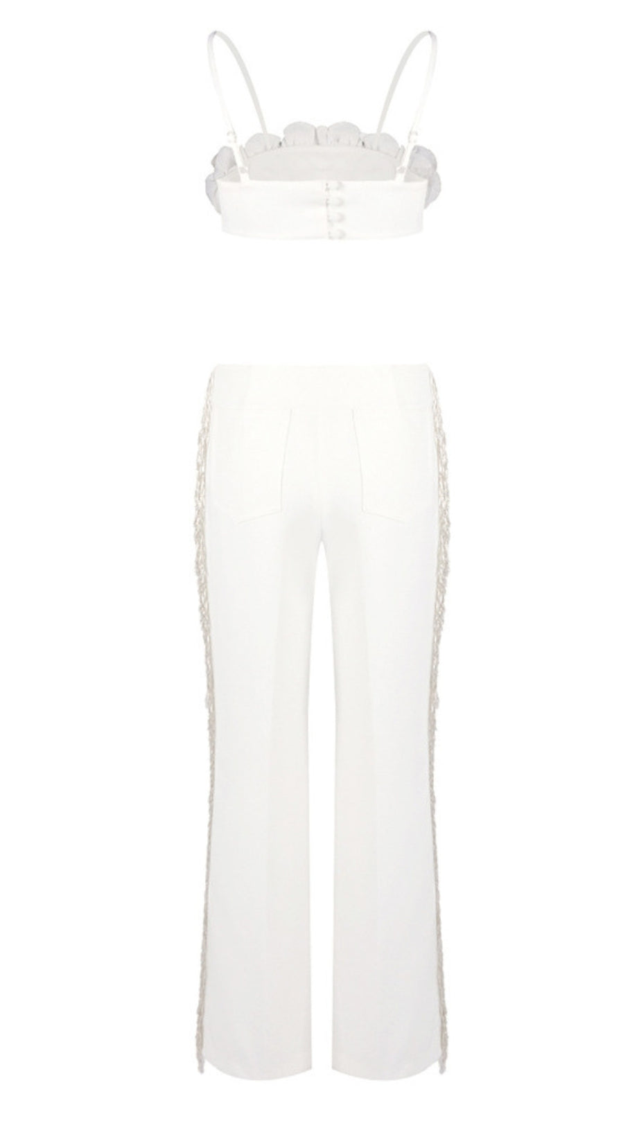 Weißes Crop-Top-Set mit Blumenmuster und Fransenbesatz