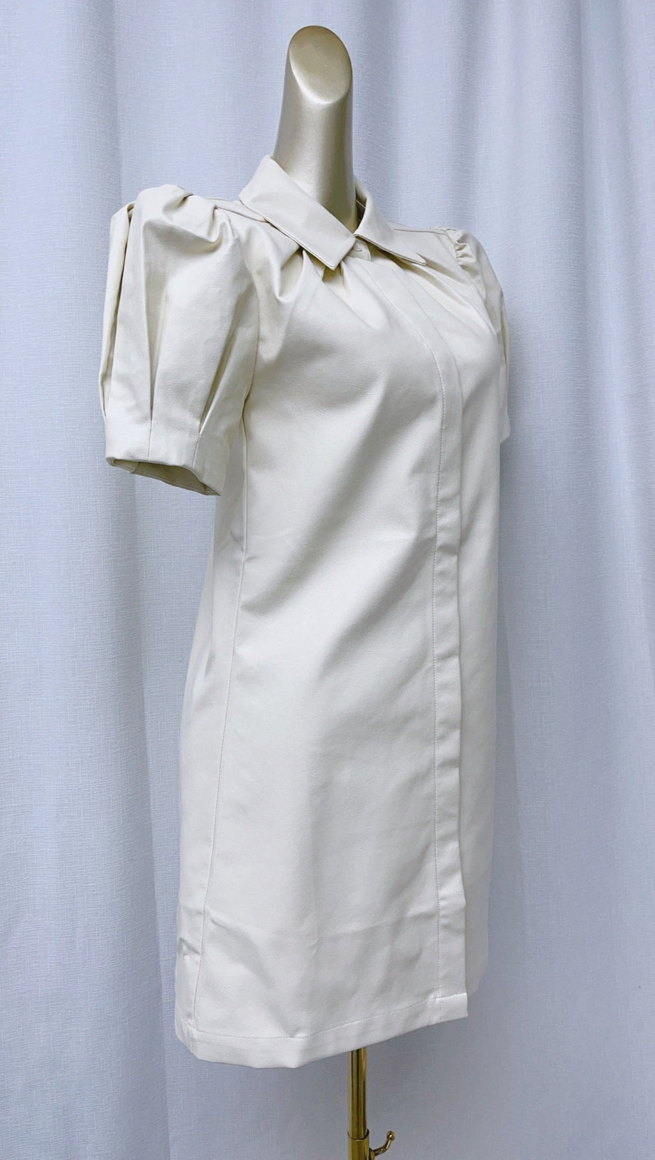 WHITE LAPEL COLLAR LEATHER PUFF SLEEVES MINI DRESS