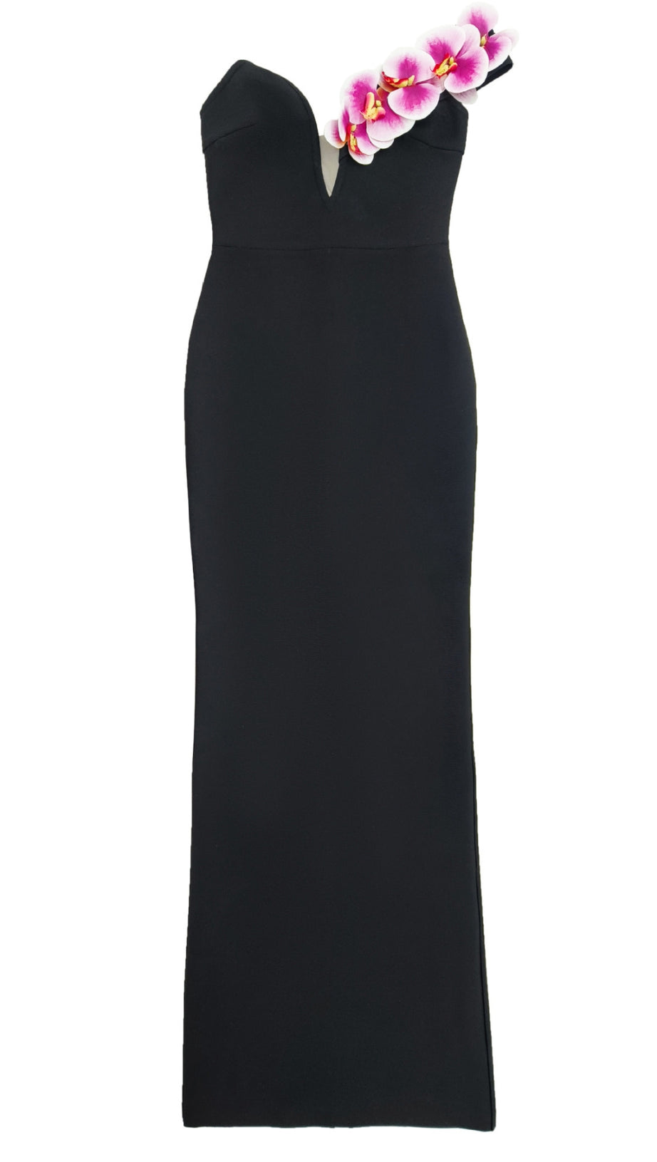 SCHWARZES ONE-SHOULDER-MAXIKLEID MIT BLUMENMUSTER UND GESPLITTETEM BANDAGE