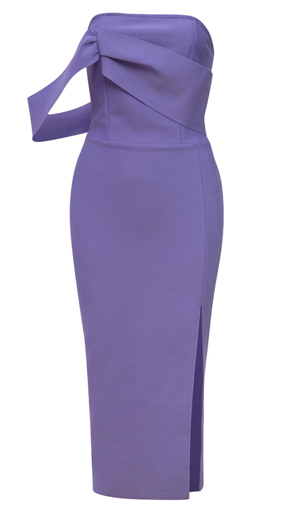 PURPLE STRAPLESS MIDI DRESS WITH SIDE SLIT