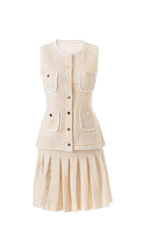 AIIZIE CELESTE TWEED BUTTON-FRONT VEST PLEATED SKIRT SET IN APRICOT - product image