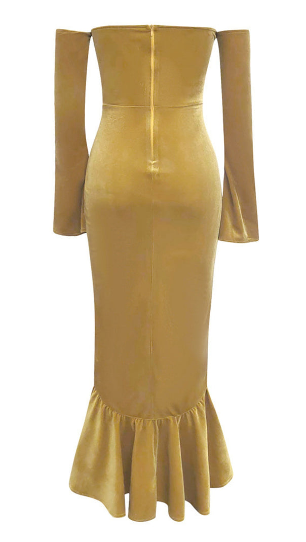 AIIZIE STRAPLESS RUFFLE - DETAIL VELVET MERMAID DRESS IN GOLD - product image